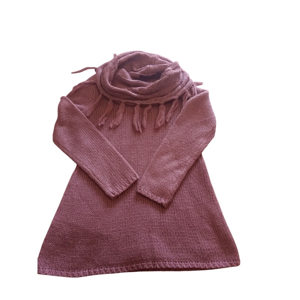 Notations Mauve Pink Metallic Knit Cowl Neck Fringe Sweater Dress Womens